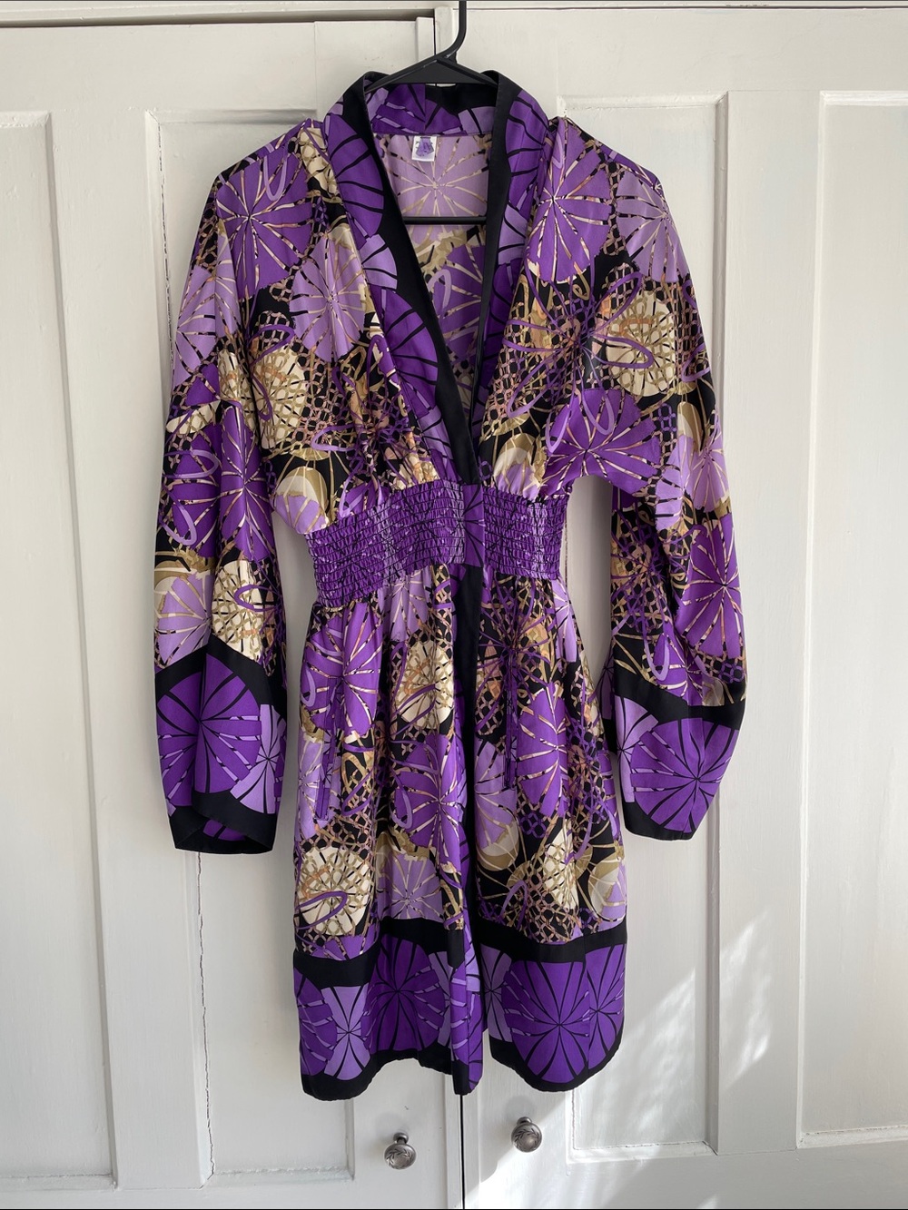Anne Pinkerton Vintage Ankara Kimono Silk Robe Purple & Gold Smocked-Waist Small
